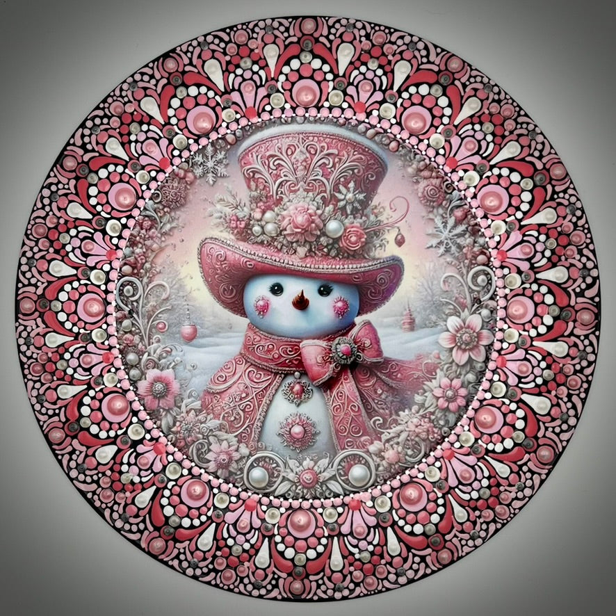 Perfectly Pink Snowman Mandala on Vinyl Record, Holiday Art