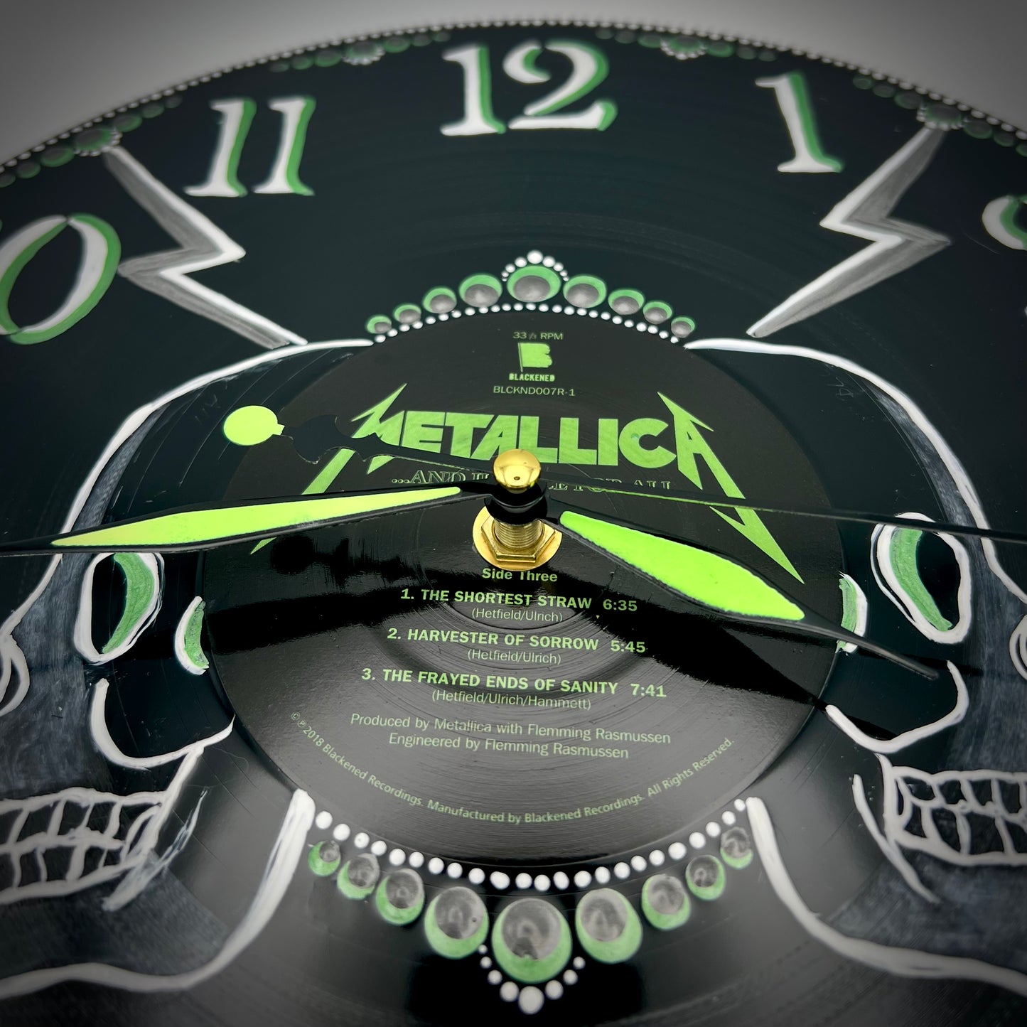 Metallica "And Justice for All", RE version 2, Upcycled Vinyl Clock, Glow in the Dark Hands