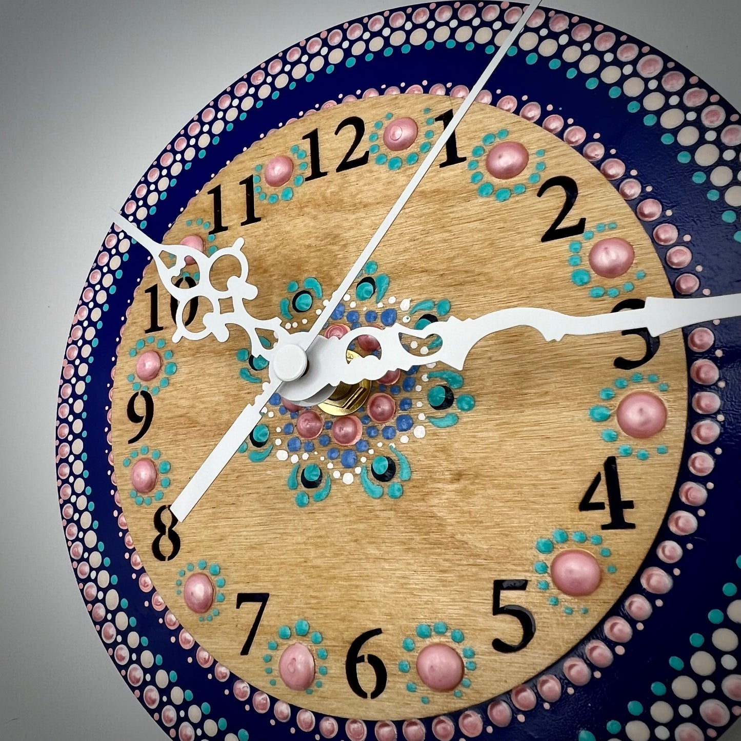 Art Clock on 45 Vinyl Record, Pink and Blue Mandala with Wood Inlay