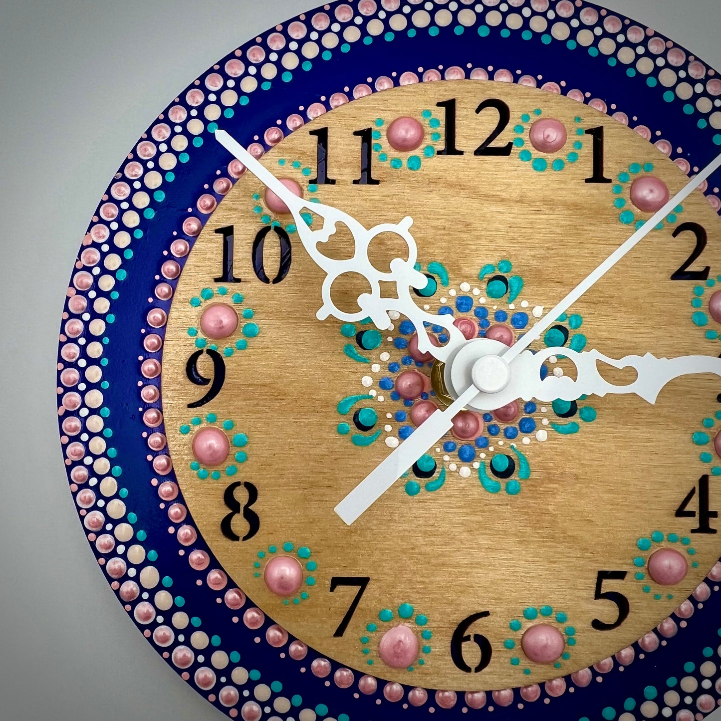 Art Clock on 45 Vinyl Record, Pink and Blue Mandala with Wood Inlay