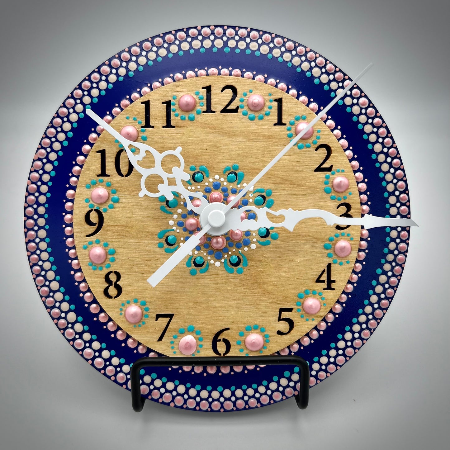 Art Clock on 45 Vinyl Record, Pink and Blue Mandala with Wood Inlay