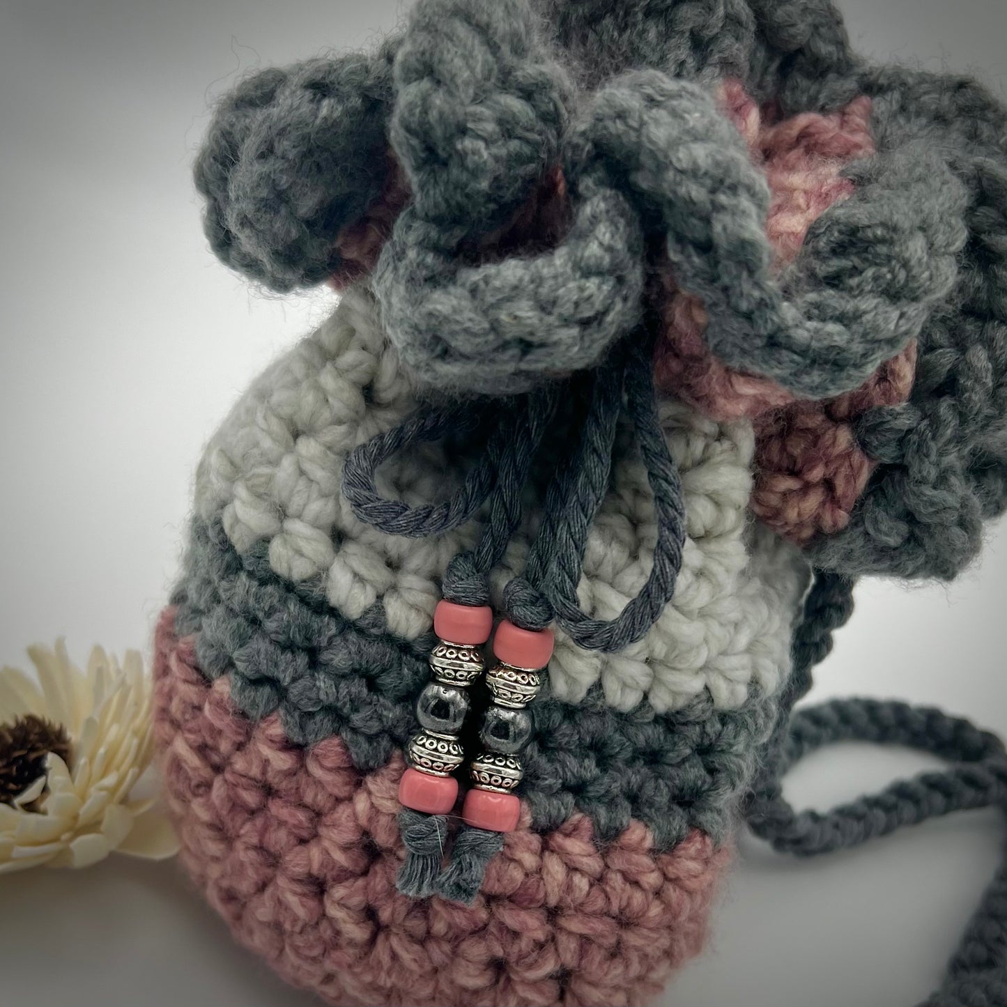 Deep Gray and Blush Crocheted Crossbody Purse