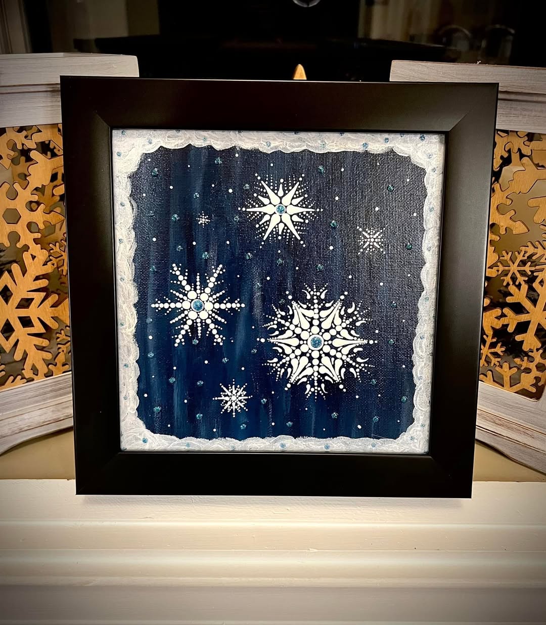 Matching Pair of Handpainted Dot Art Snowflakes; Winter Art