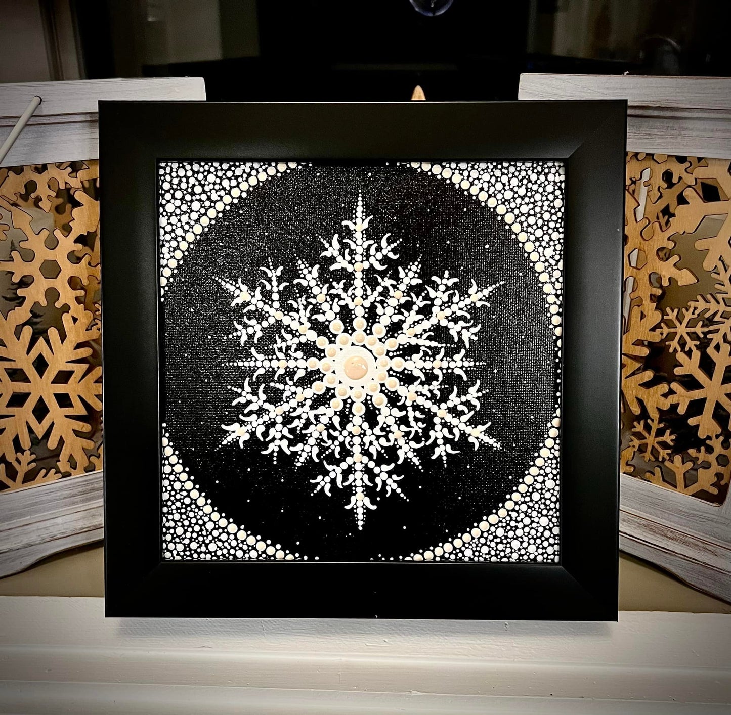 Framed Handpainted Dot Art Snowflake; Winter Art