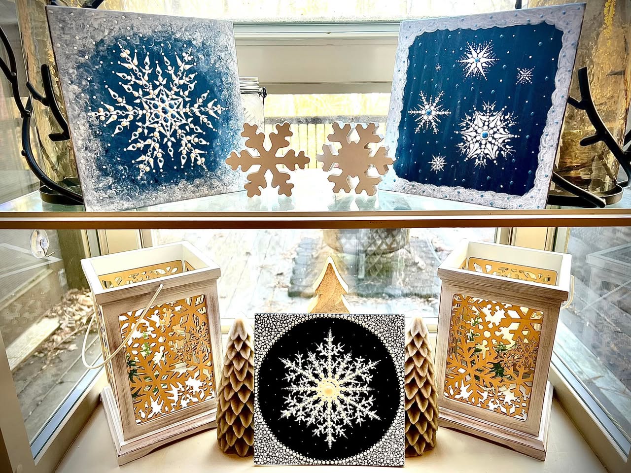 Framed Handpainted Dot Art Snowflake; Winter Art