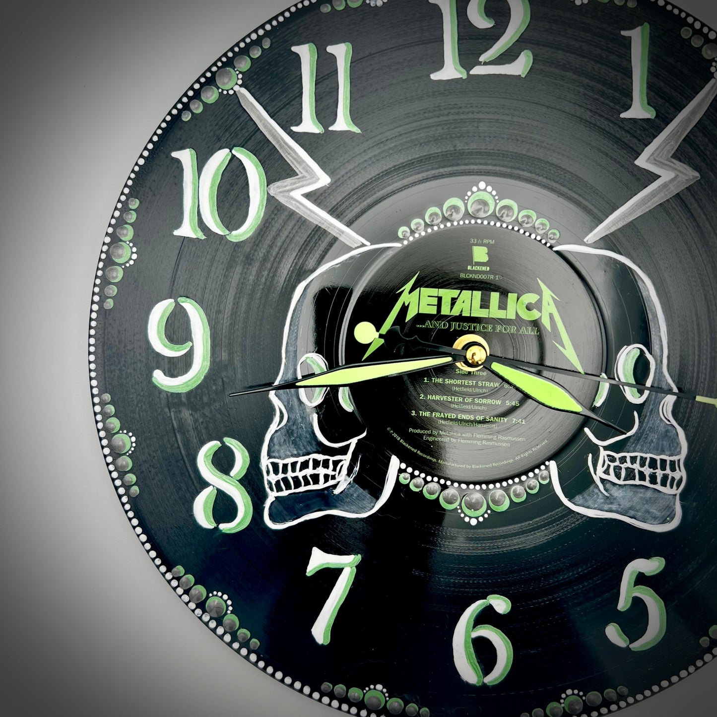 Metallica "And Justice for All", RE version 2, Upcycled Vinyl Clock, Glow in the Dark Hands