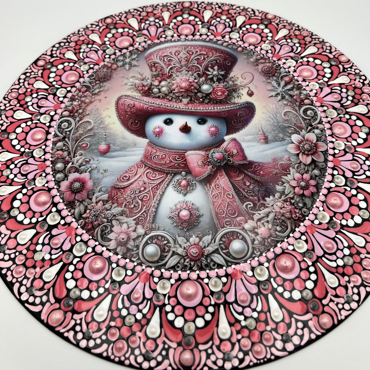 Perfectly Pink Snowman Mandala on Vinyl Record, Holiday Art