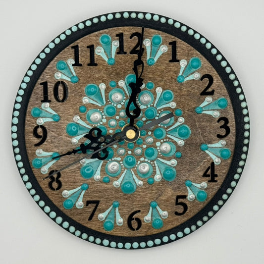 Art Clock on 45 Vinyl Record, Teal and Turquoise Mandala with Wood Inlay