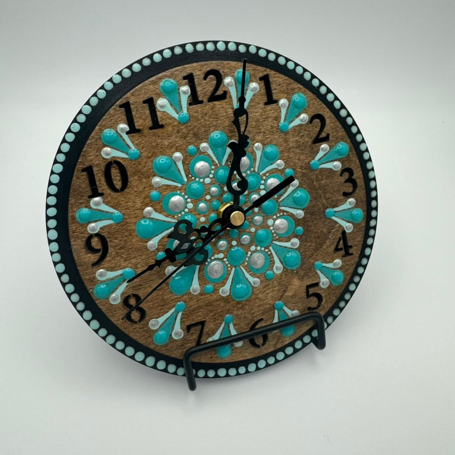 Art Clock on 45 Vinyl Record, Teal and Turquoise Mandala with Wood Inlay