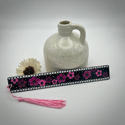 Pink on Black Mandala Bamboo Bookmark #3 Japanese Cherry Blossoms