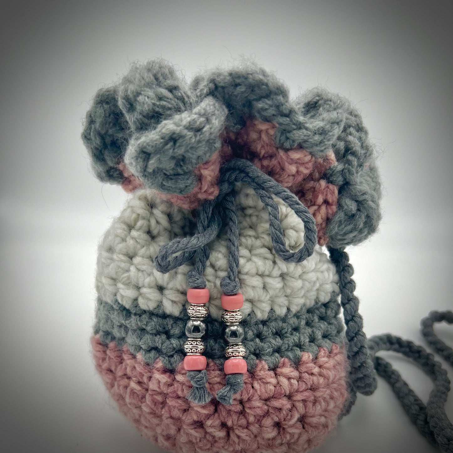 Deep Gray and Blush Crocheted Crossbody Purse