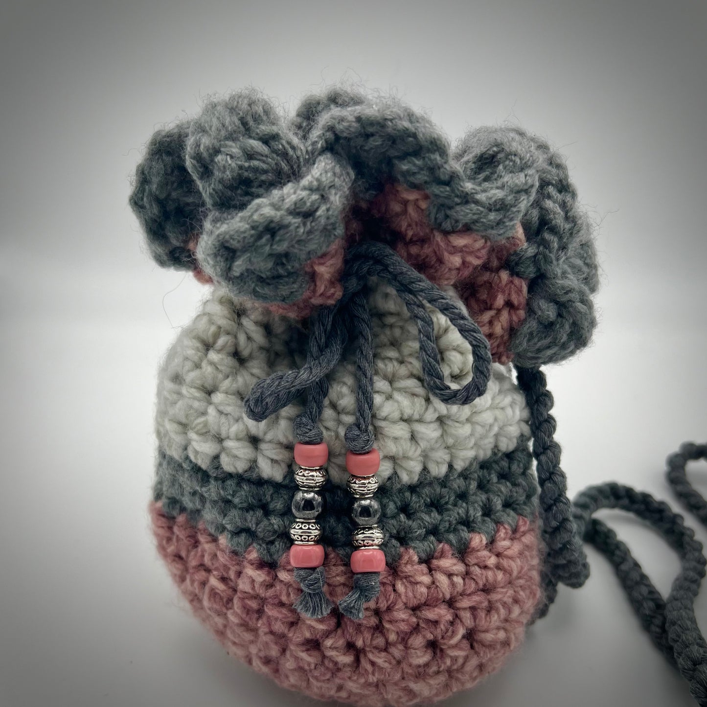 Deep Gray and Blush Crocheted Crossbody Purse