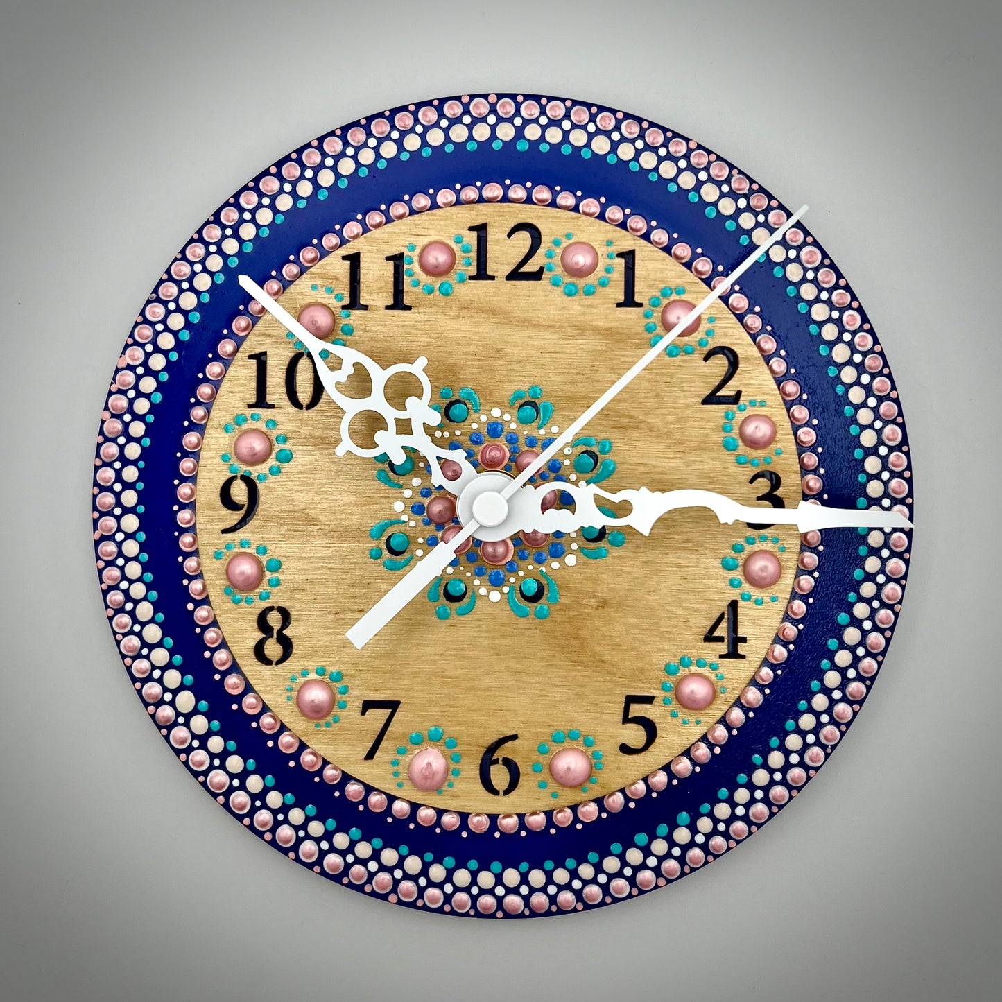 Art Clock on 45 Vinyl Record, Pink and Blue Mandala with Wood Inlay