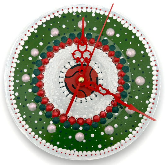 Christmas Mandala Art Clock on 45 Vinyl Record, Holiday Clock