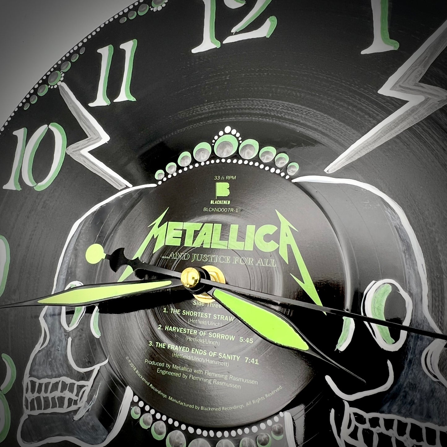 Metallica "And Justice for All", RE version 2, Upcycled Vinyl Clock, Glow in the Dark Hands