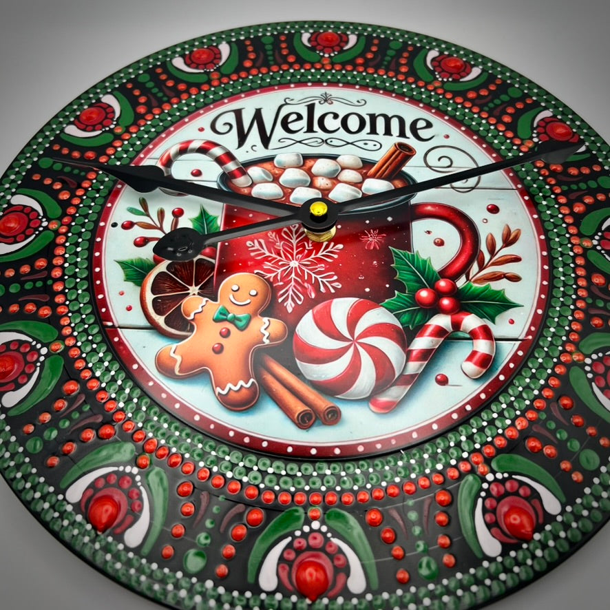 Hot Chocolate Mandala Art Clock on Vinyl Record, Holiday Clock