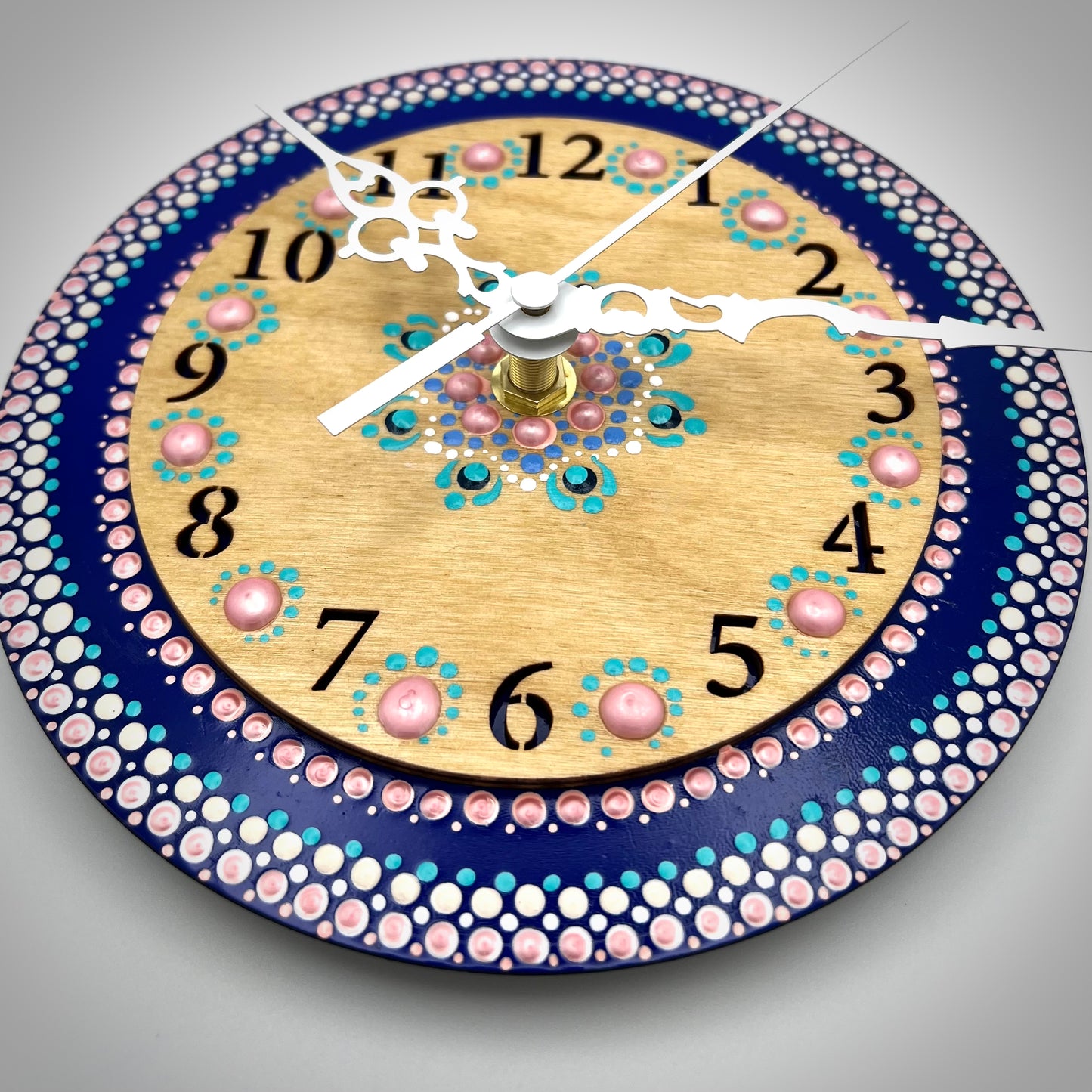 Art Clock on 45 Vinyl Record, Pink and Blue Mandala with Wood Inlay