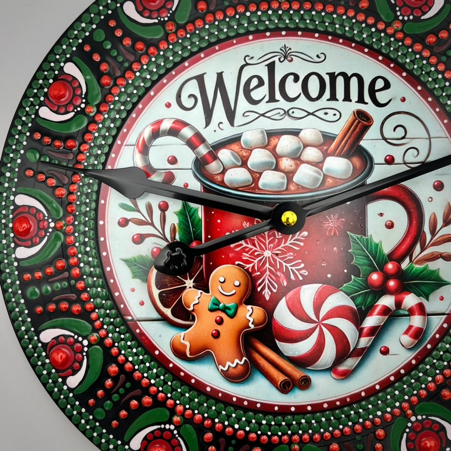 Hot Chocolate Mandala Art Clock on Vinyl Record, Holiday Clock