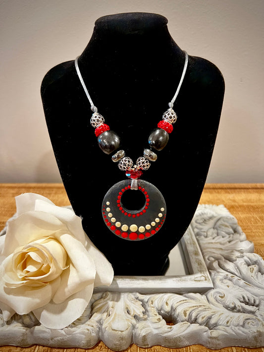 Custom Mandala Necklace: Red with Silver Filigree Beads