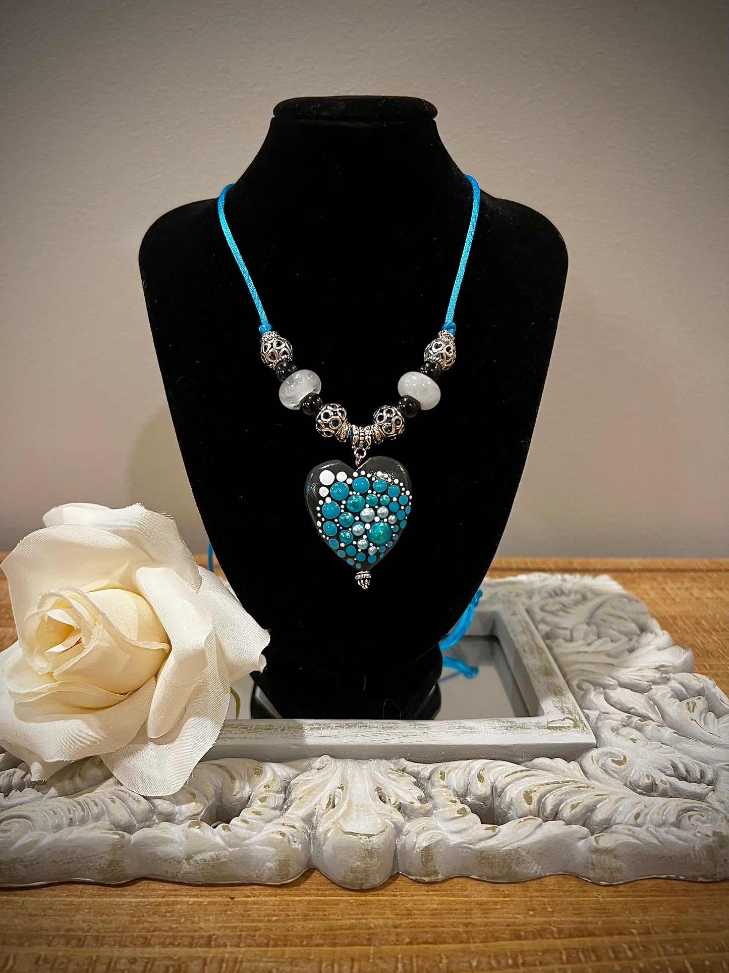 Custom Mandala Necklace: Teal Heart with Glass and Silver Filigree Beads