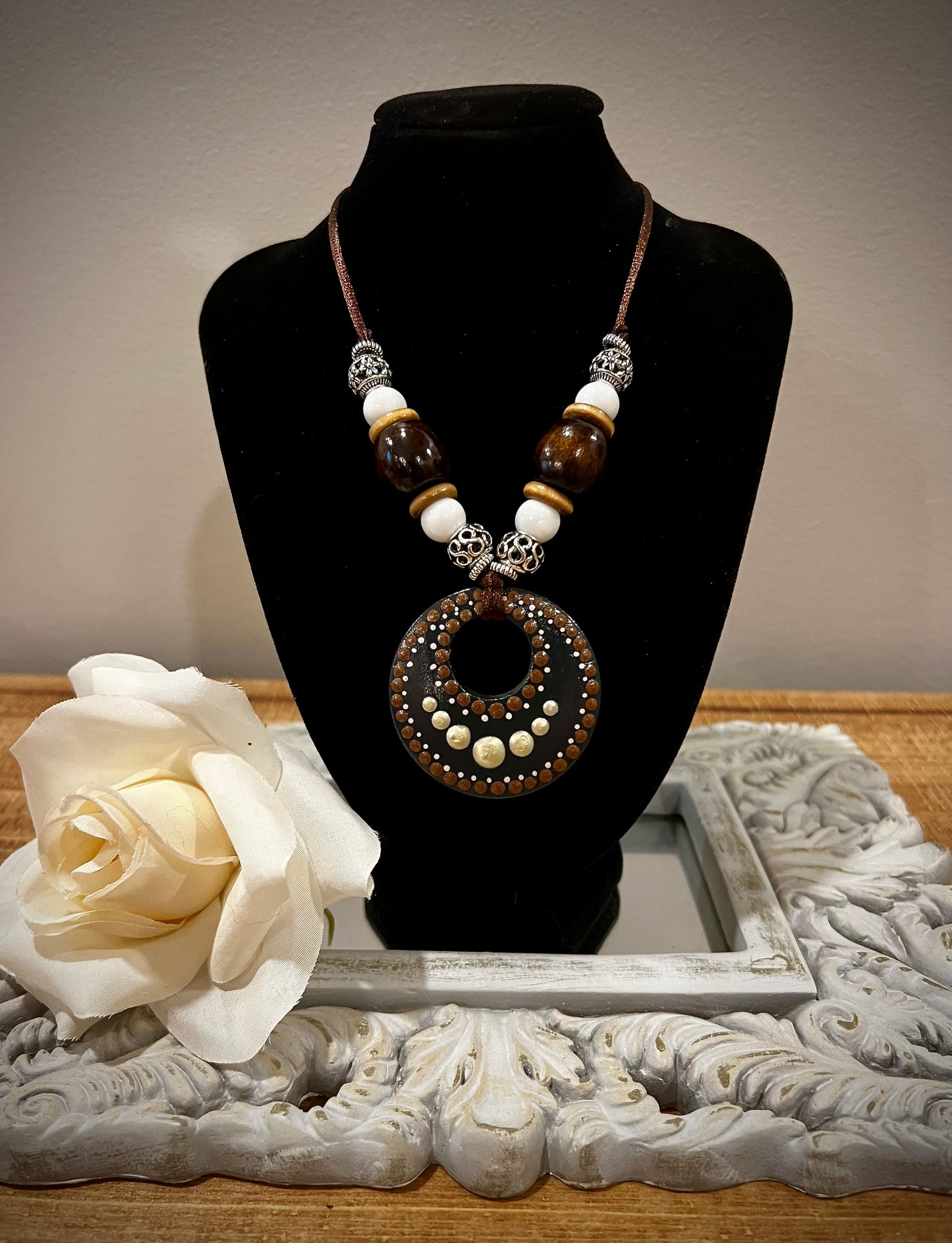 Custom Mandala Necklace: Coffee Brown with Wooden Beads & Silver Filigree