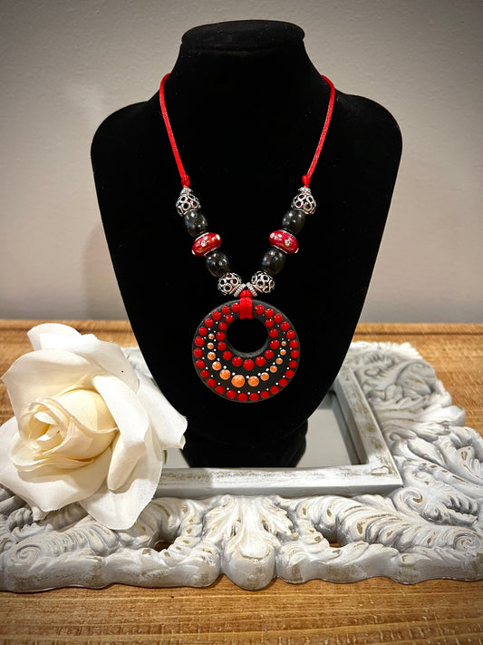 Custom Mandala Necklace: Red & Black with Silver Filigree