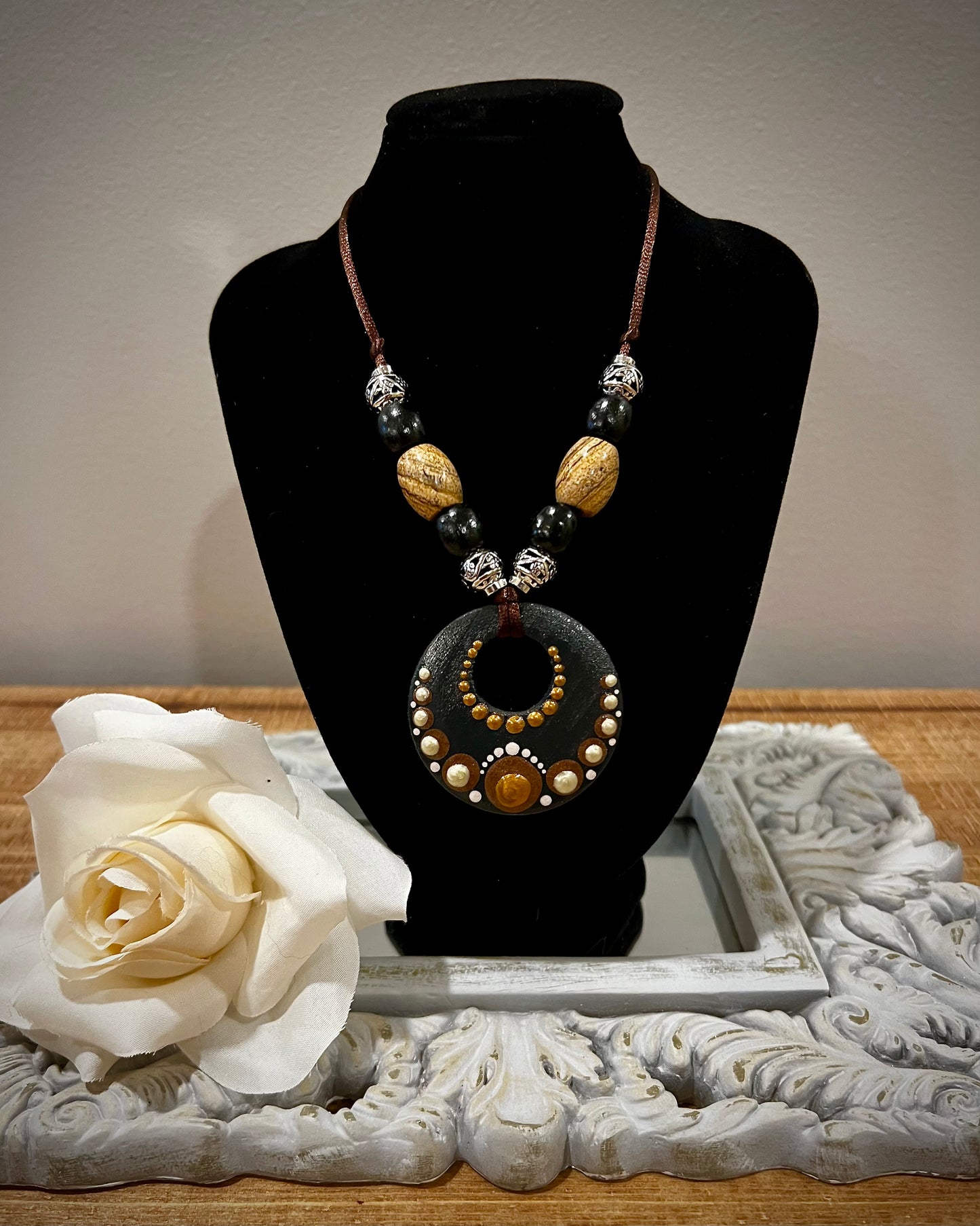 Custom Mandala Necklace: Chocolate Brown with Precious Stone Beads