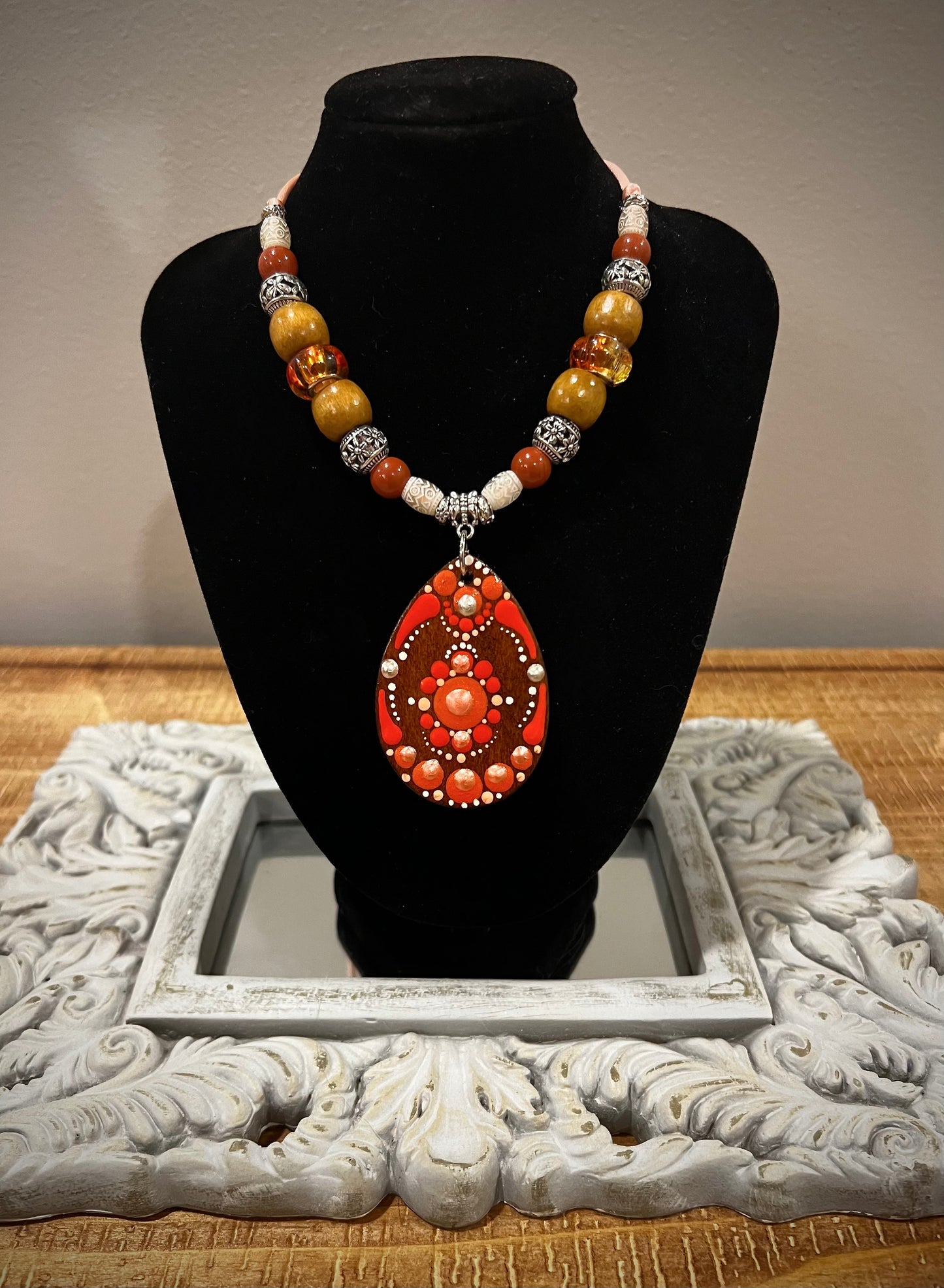 Custom Mandala Necklace: Orange with Filigree Accents