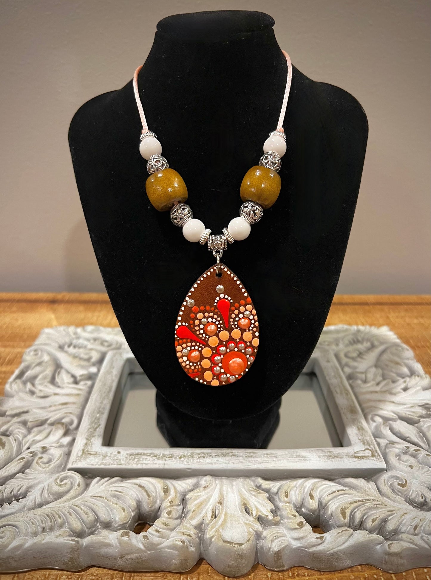 Custom Mandala Necklace: Iridescent Orange with Filigree Accents