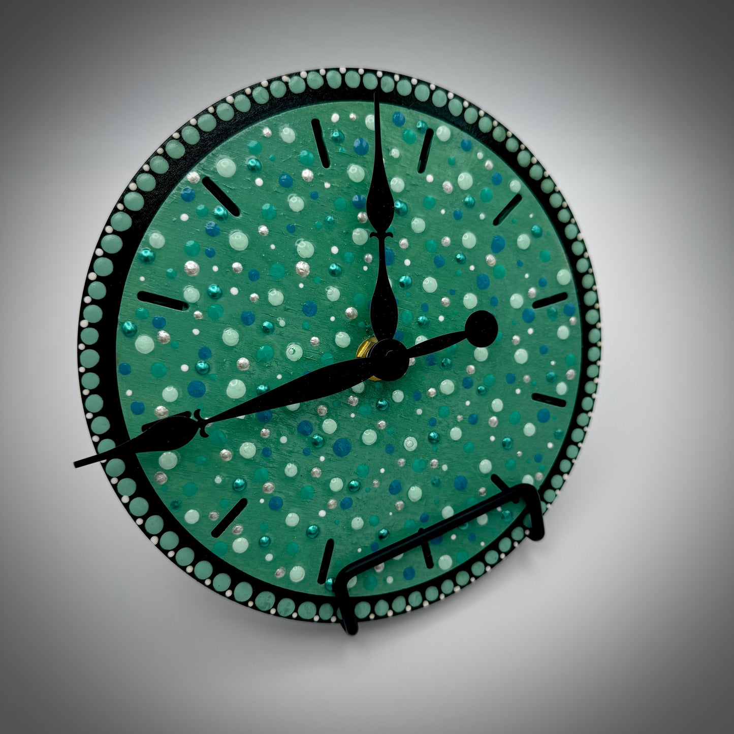 Art Clock on 45 Vinyl Record, Green Confetti Dots with Wood Inlay