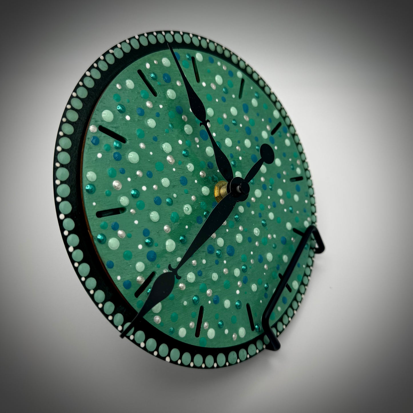 Art Clock on 45 Vinyl Record, Green Confetti Dots with Wood Inlay