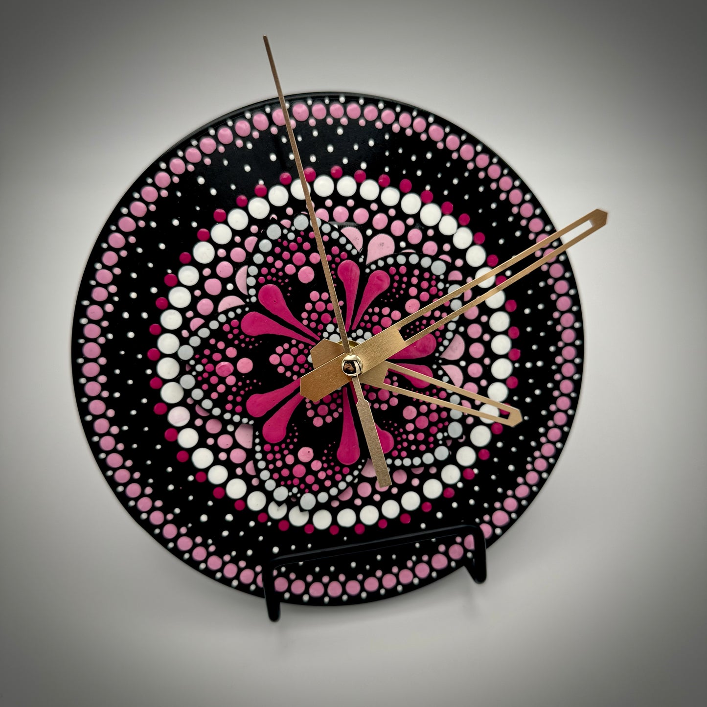 Art Clock on 45 Vinyl Record, Pops of Pink with Wood Flower Inlay