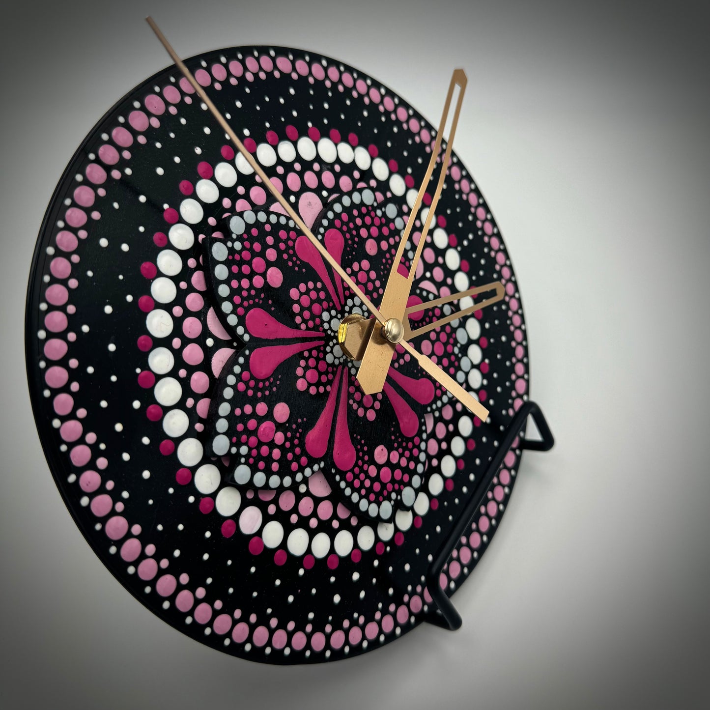 Art Clock on 45 Vinyl Record, Pops of Pink with Wood Flower Inlay