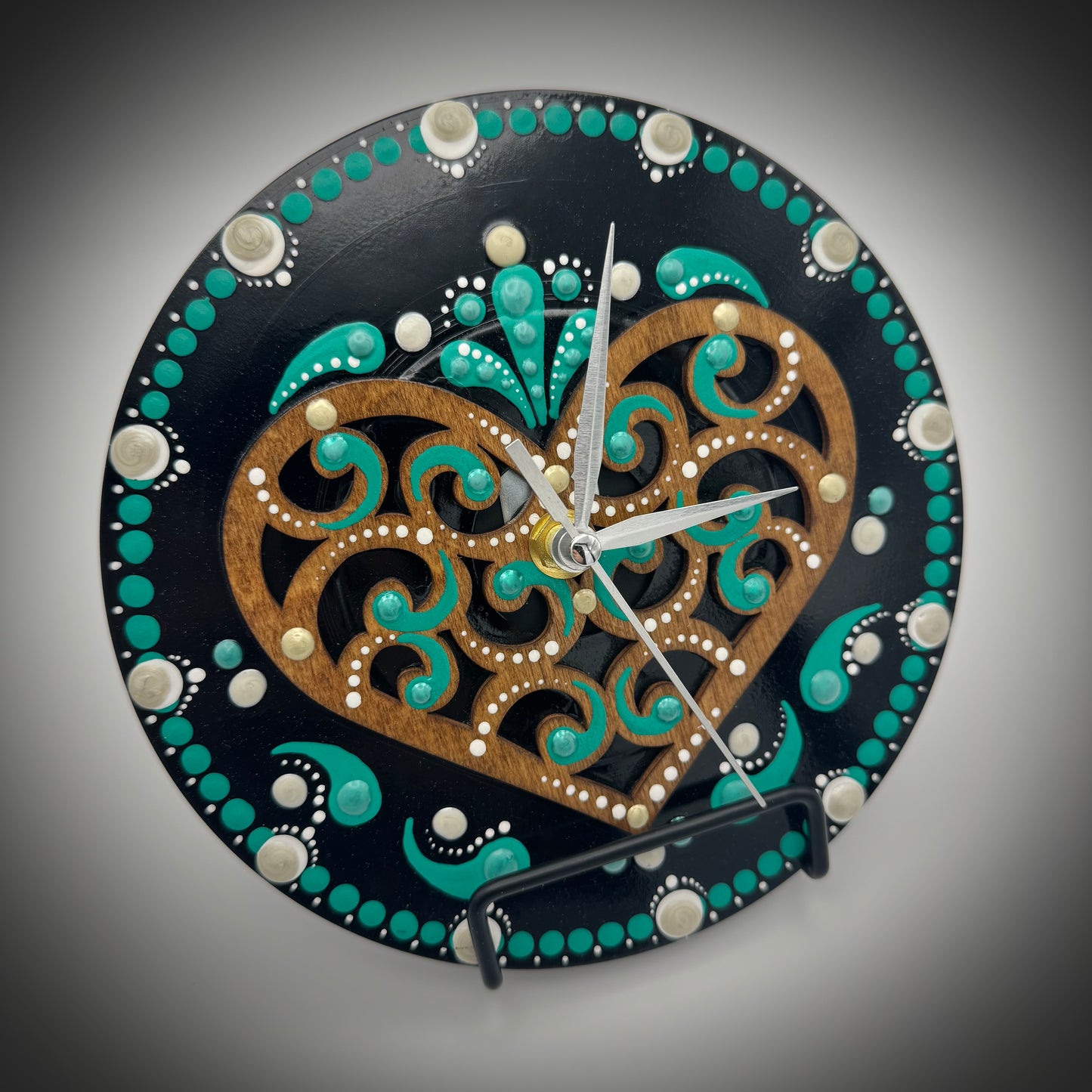 Art Clock on 45 Vinyl Record, Emerald Green Mandala with Wood Heart Inlay