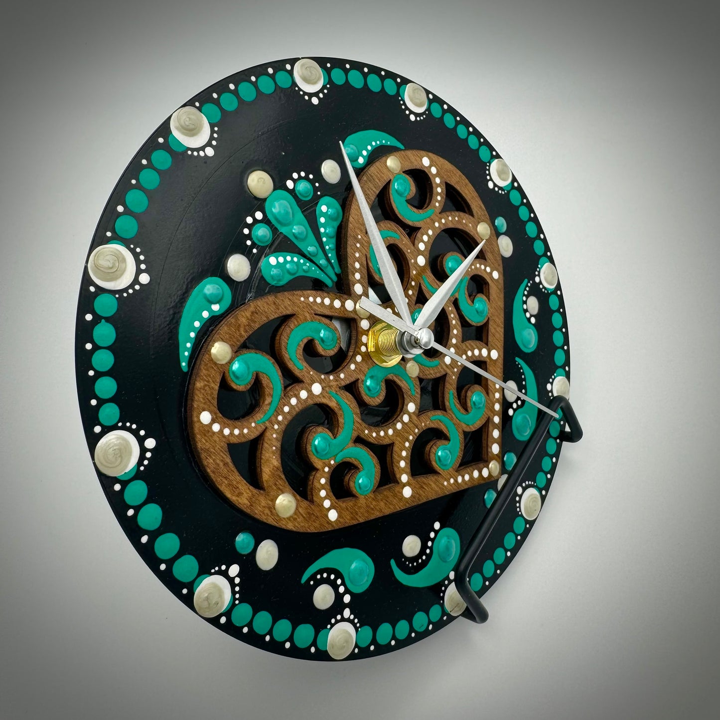 Art Clock on 45 Vinyl Record, Emerald Green Mandala with Wood Heart Inlay