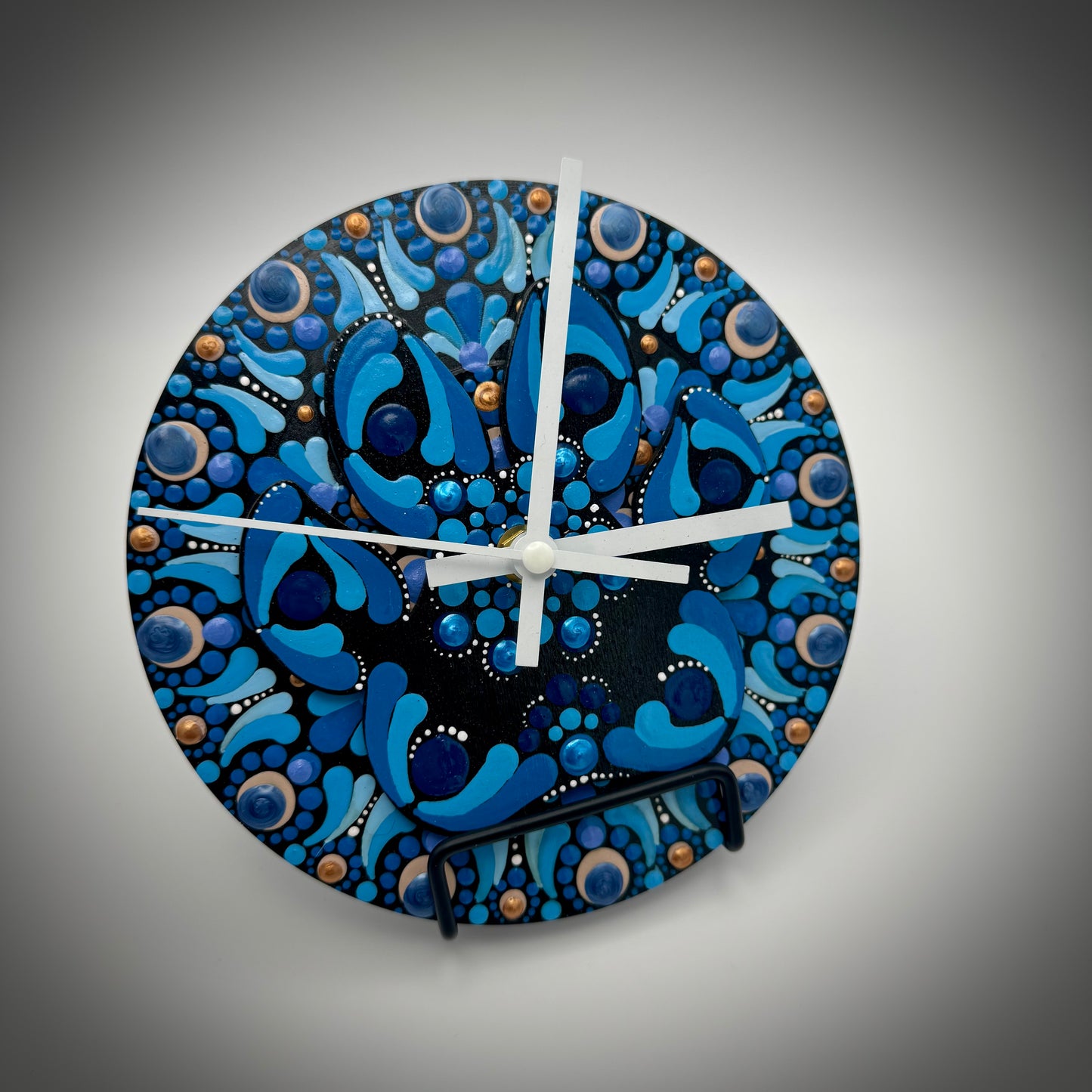 Art Clock on 45 Vinyl Record, Dog Paw in Blue Mandala with Wood Inlay