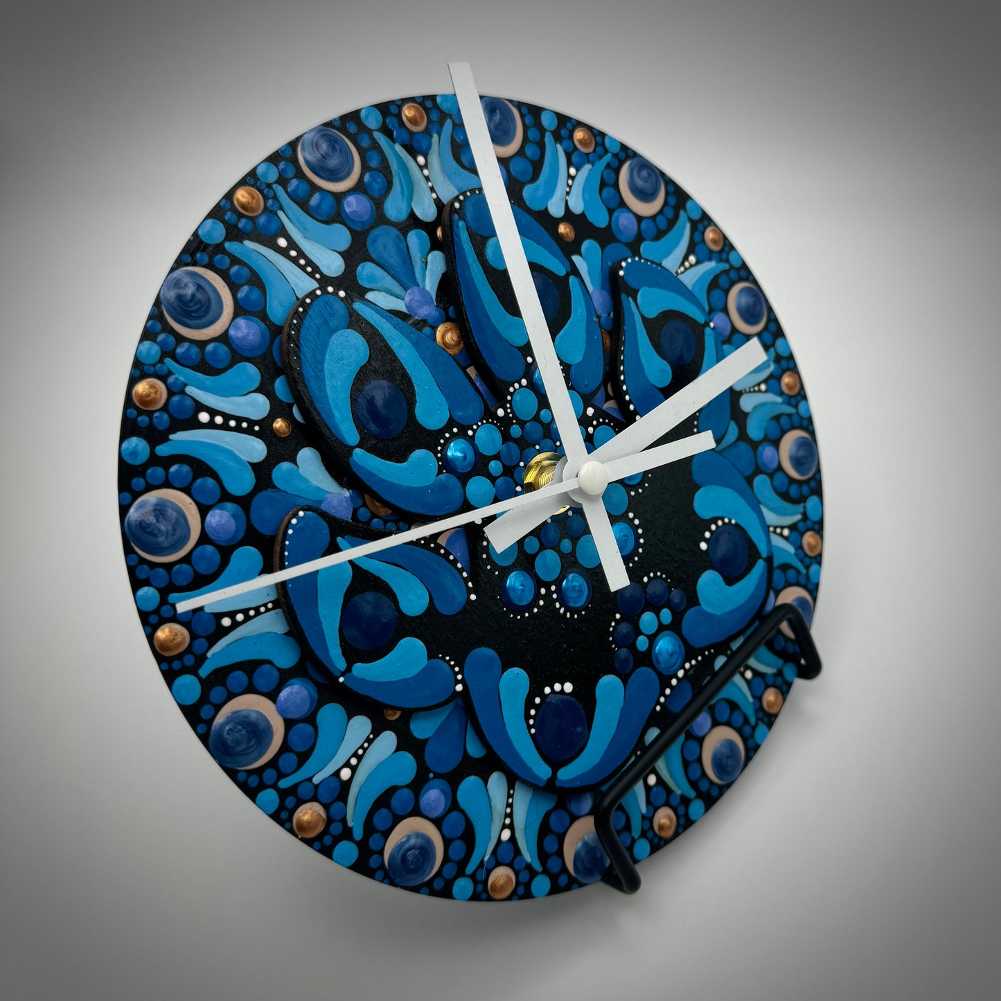 Art Clock on 45 Vinyl Record, Dog Paw in Blue Mandala with Wood Inlay