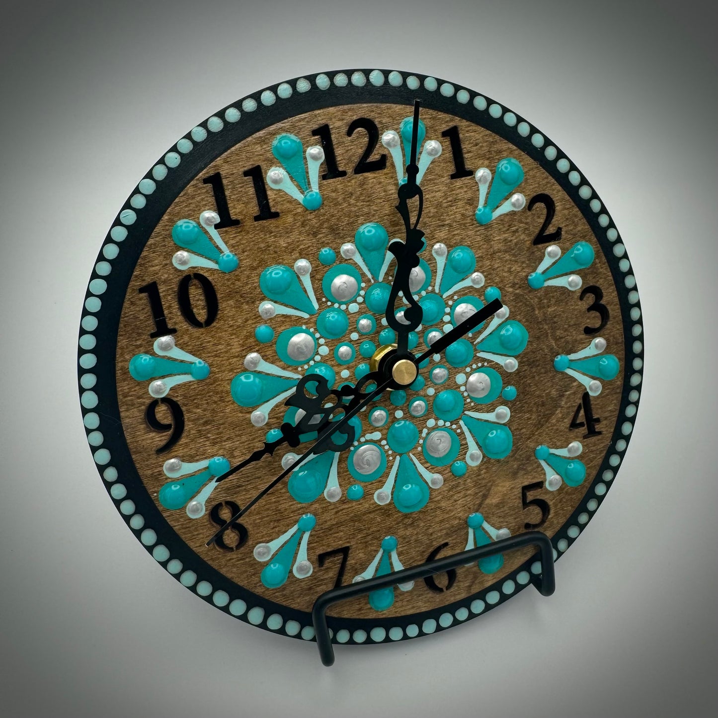 Art Clock on 45 Vinyl Record, Turquoise Mandala with Wood Inlay