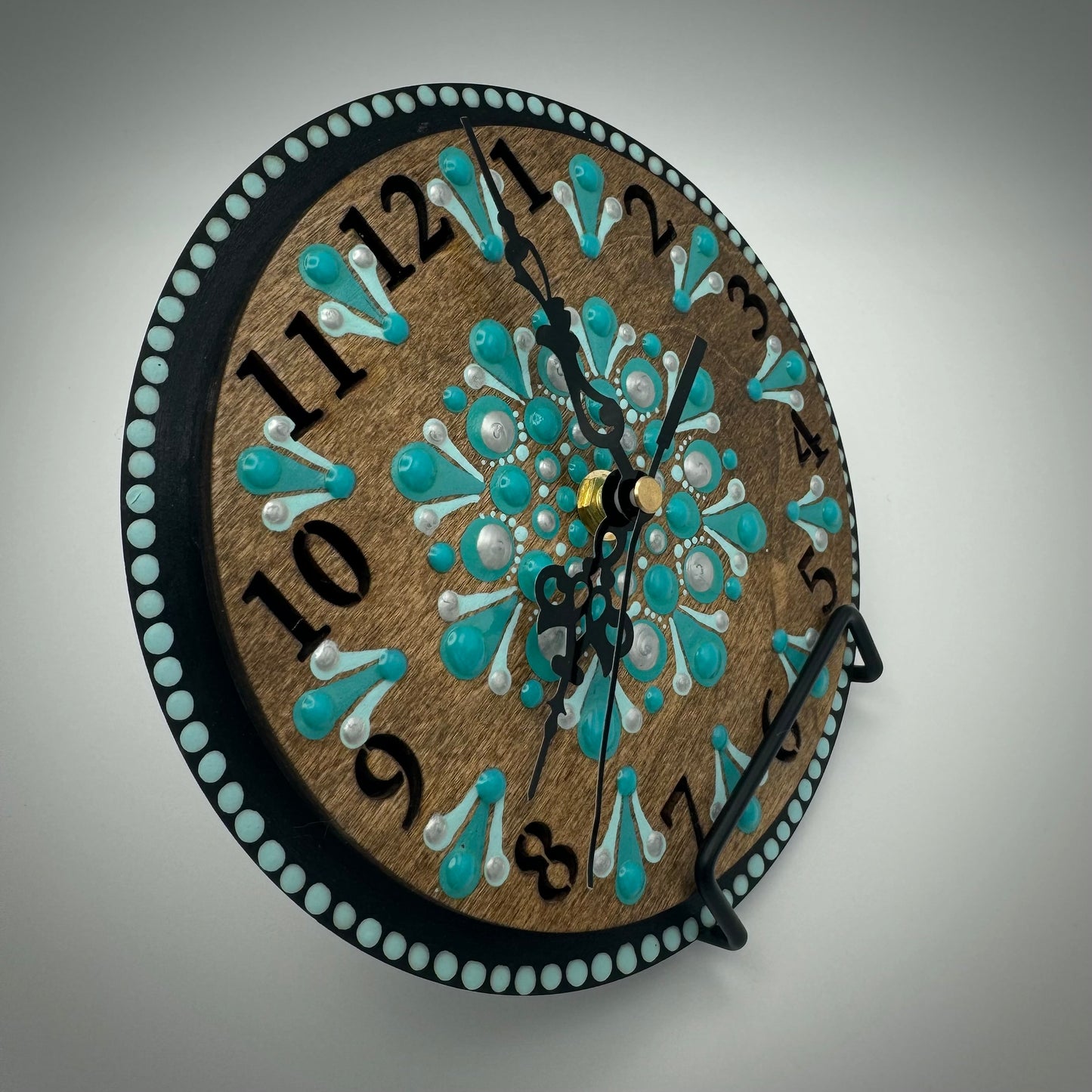 Art Clock on 45 Vinyl Record, Turquoise Mandala with Wood Inlay