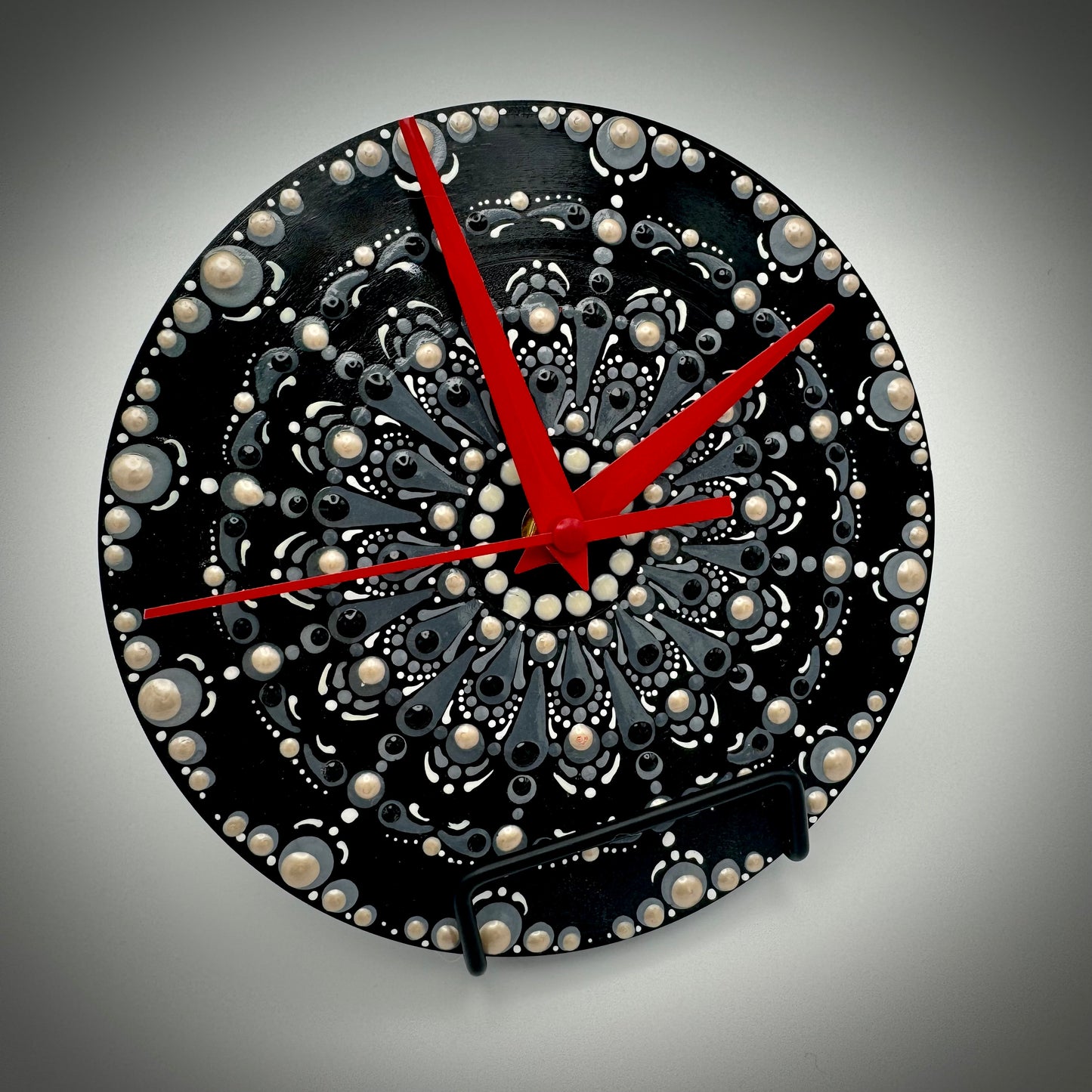 Art Clock on 45 Vinyl Record, Black Monochrome Mandala with Red Hands