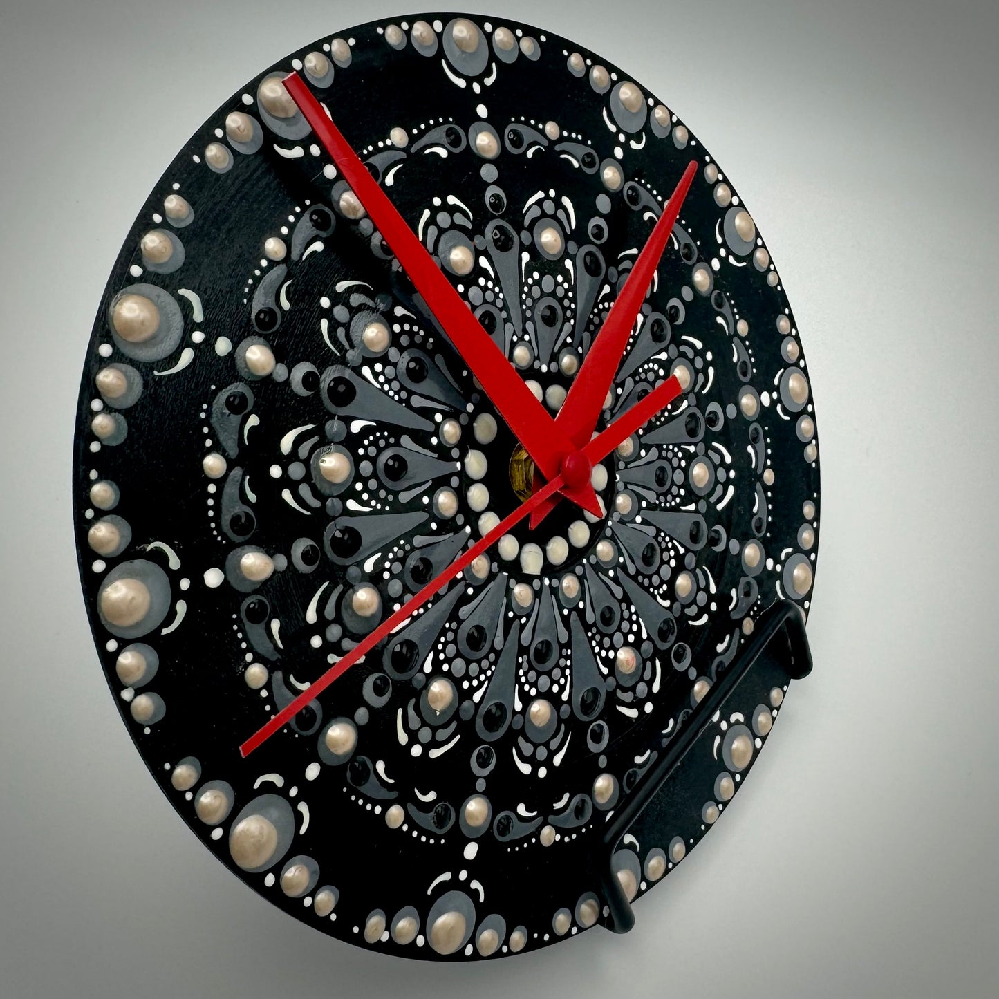 Art Clock on 45 Vinyl Record, Black Monochrome Mandala with Red Hands