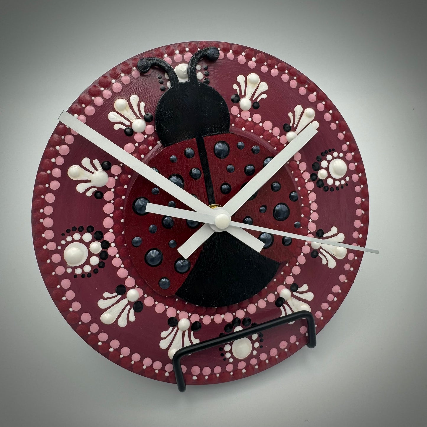 Art Clock on 45 Vinyl Record, Red and Black Ladybug, Wooden Inlay