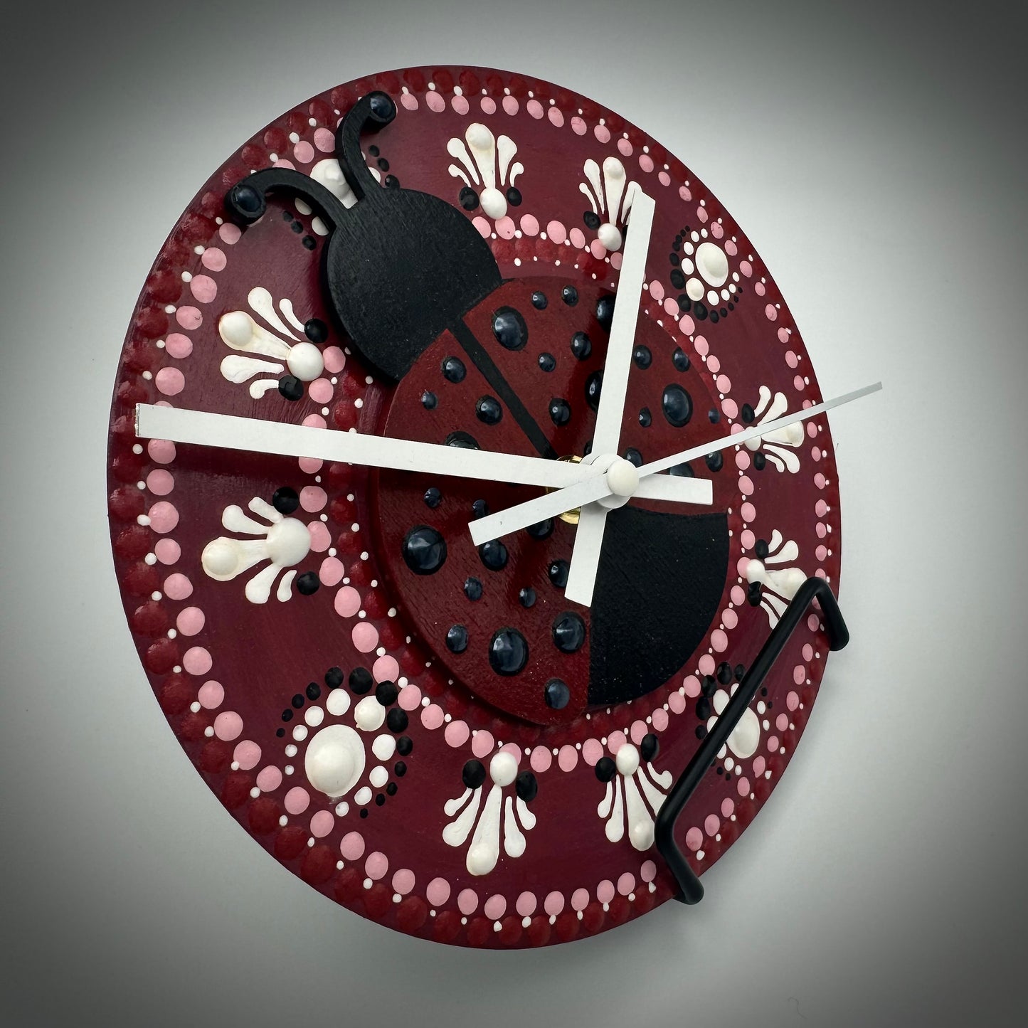 Art Clock on 45 Vinyl Record, Red and Black Ladybug, Wooden Inlay