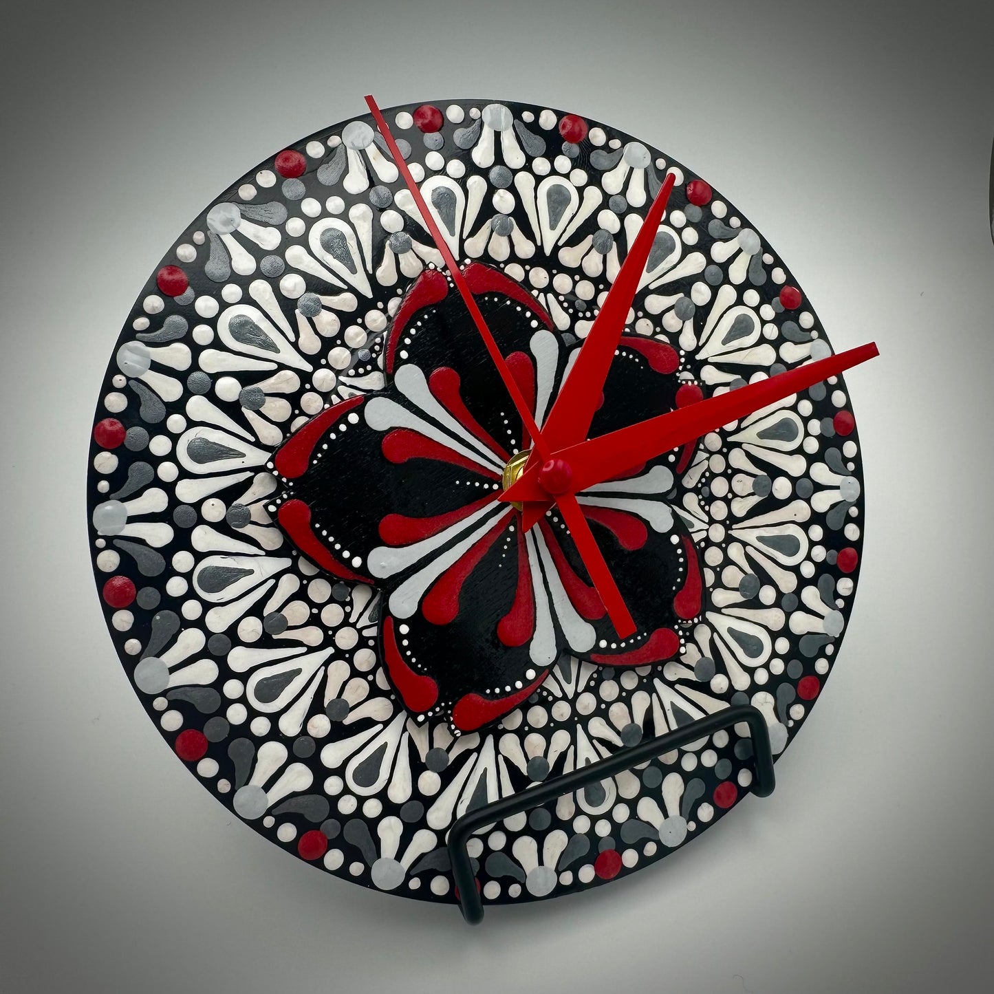 Art Clock on 45 Vinyl Record, Vibrant Red and Black Mandal, Wooden Flower Inlay