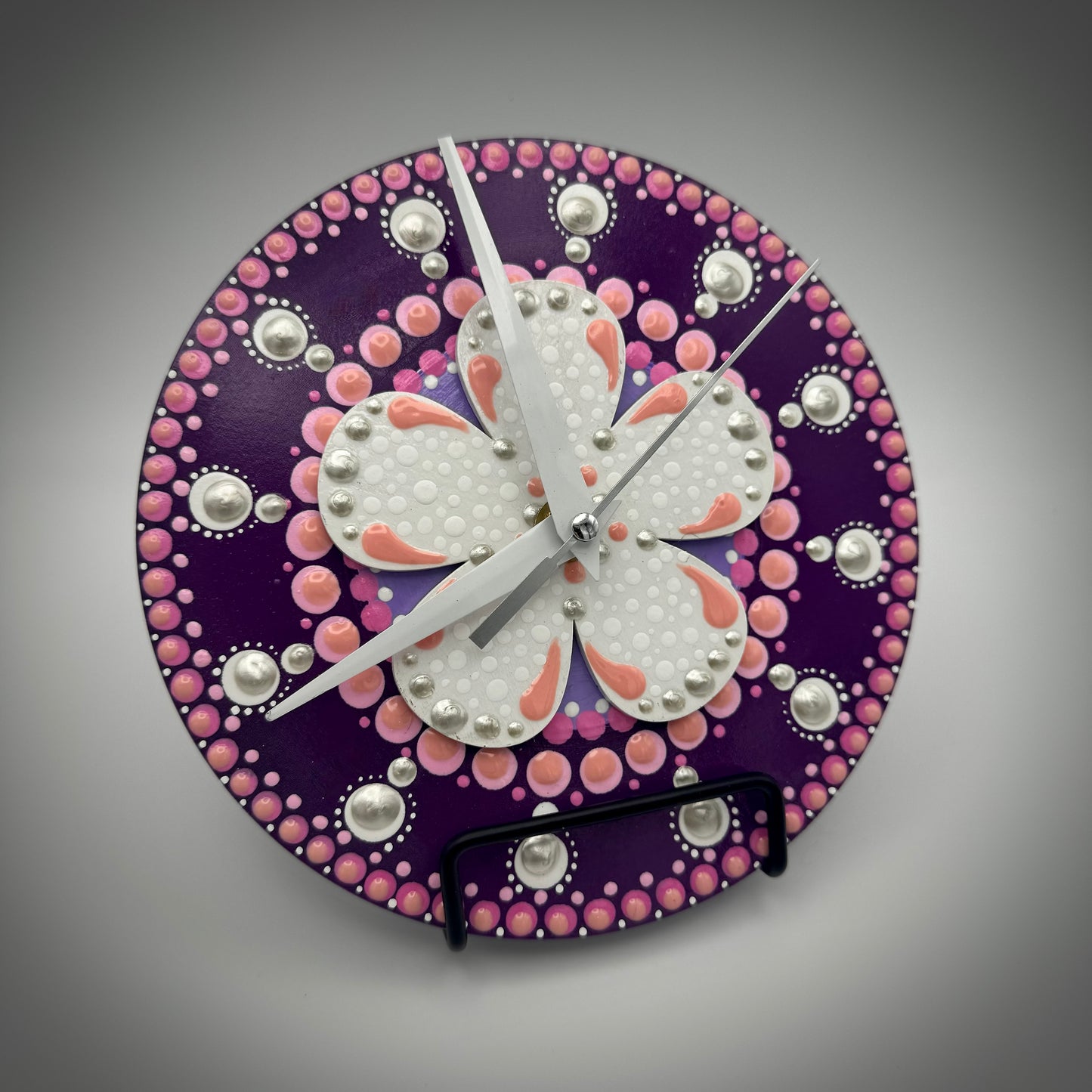 Art Clock on 45 Vinyl Record, Pink and Black Mandala, Wooden Flower Inlay