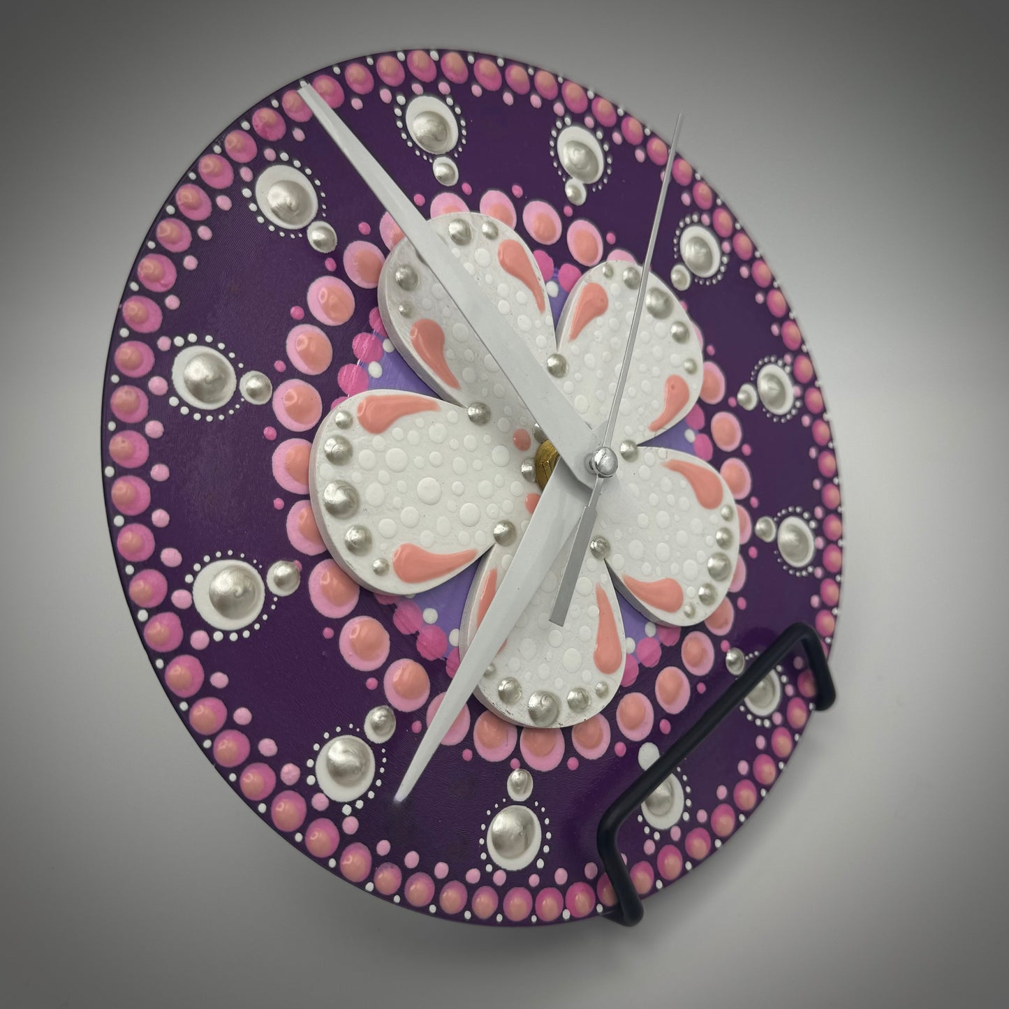 Art Clock on 45 Vinyl Record, Pink and Black Mandala, Wooden Flower Inlay