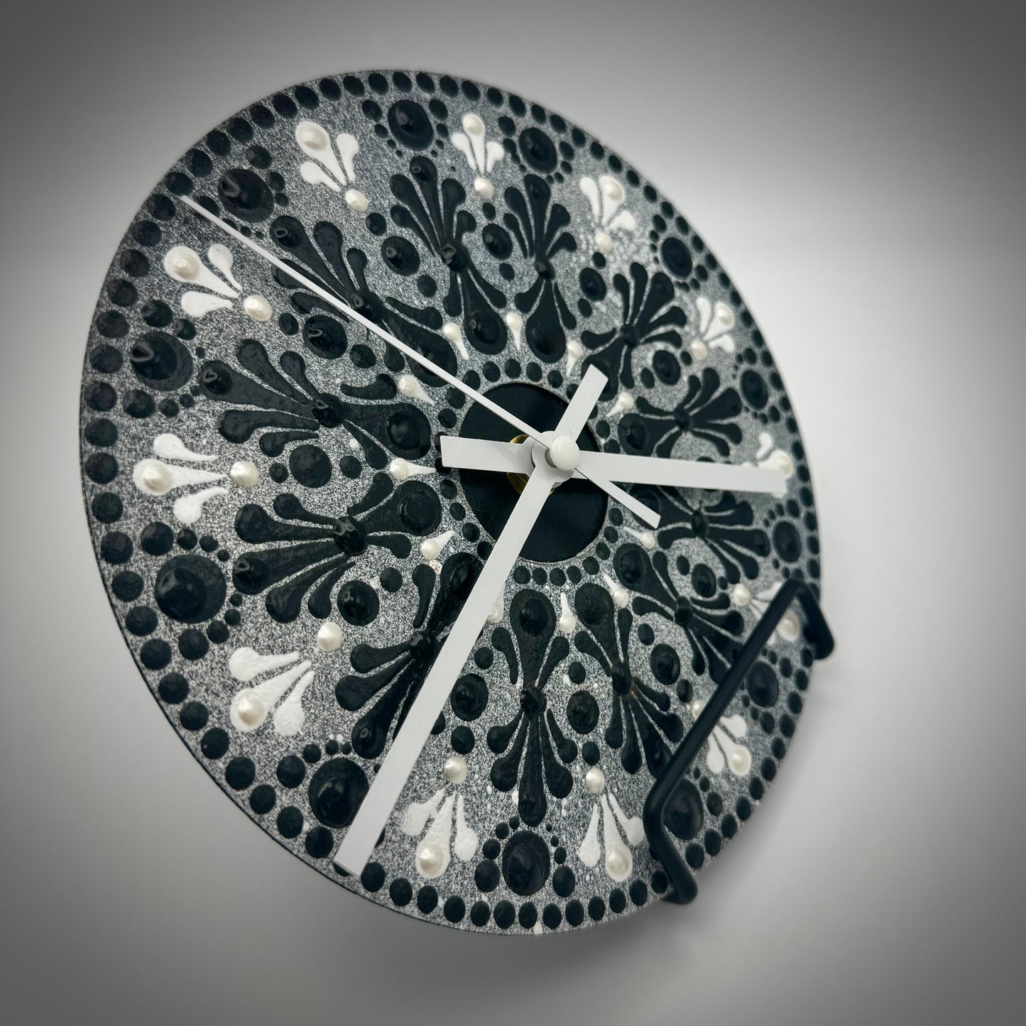 Art Clock on 45 Vinyl Record, Black & White Monochrome Mandala