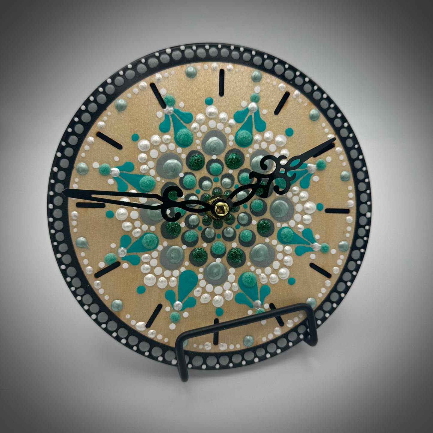 Art Clock on 45 Vinyl Record, Teal and Turquoise Mandala, Wooden Laser Inlay