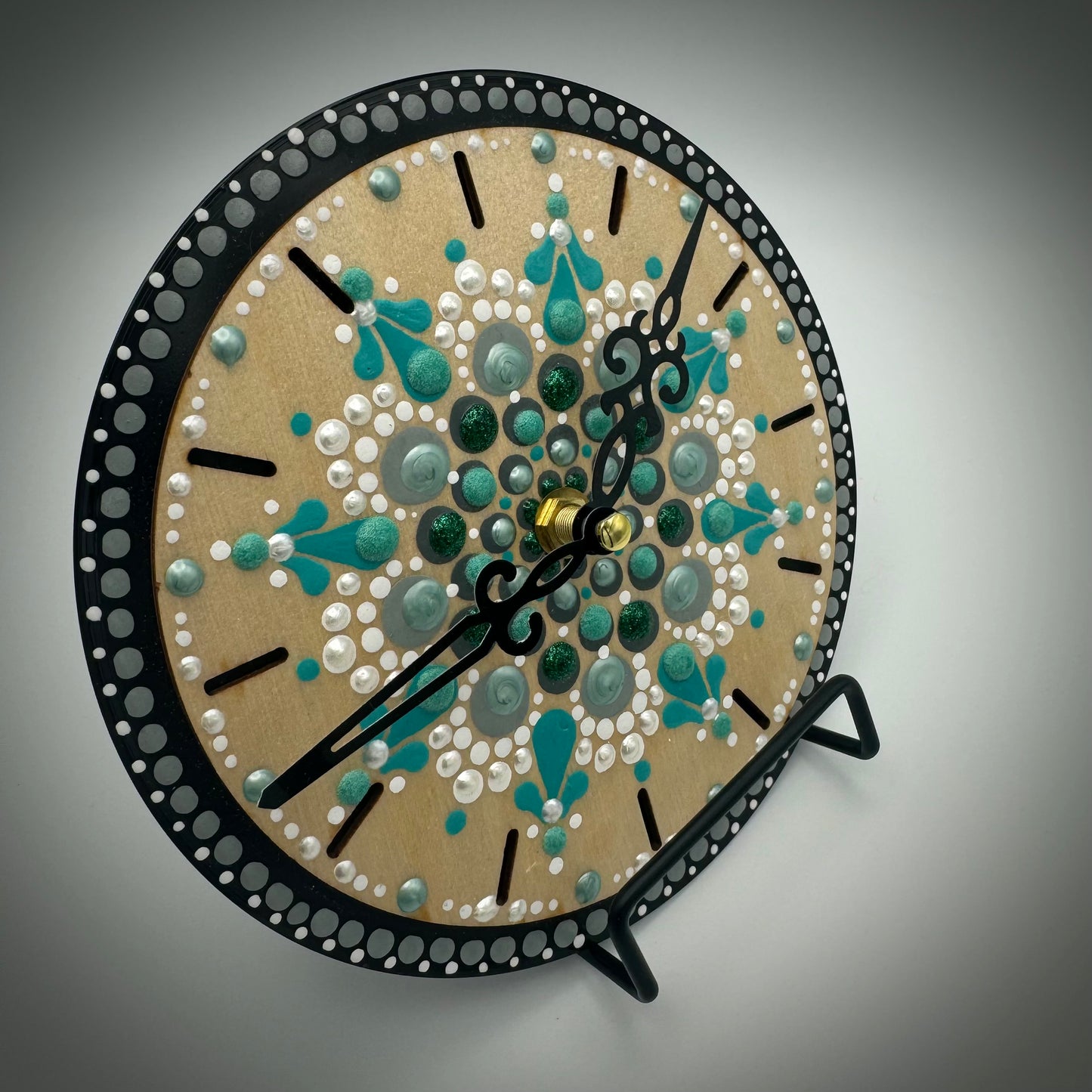 Art Clock on 45 Vinyl Record, Teal and Turquoise Mandala, Wooden Laser Inlay