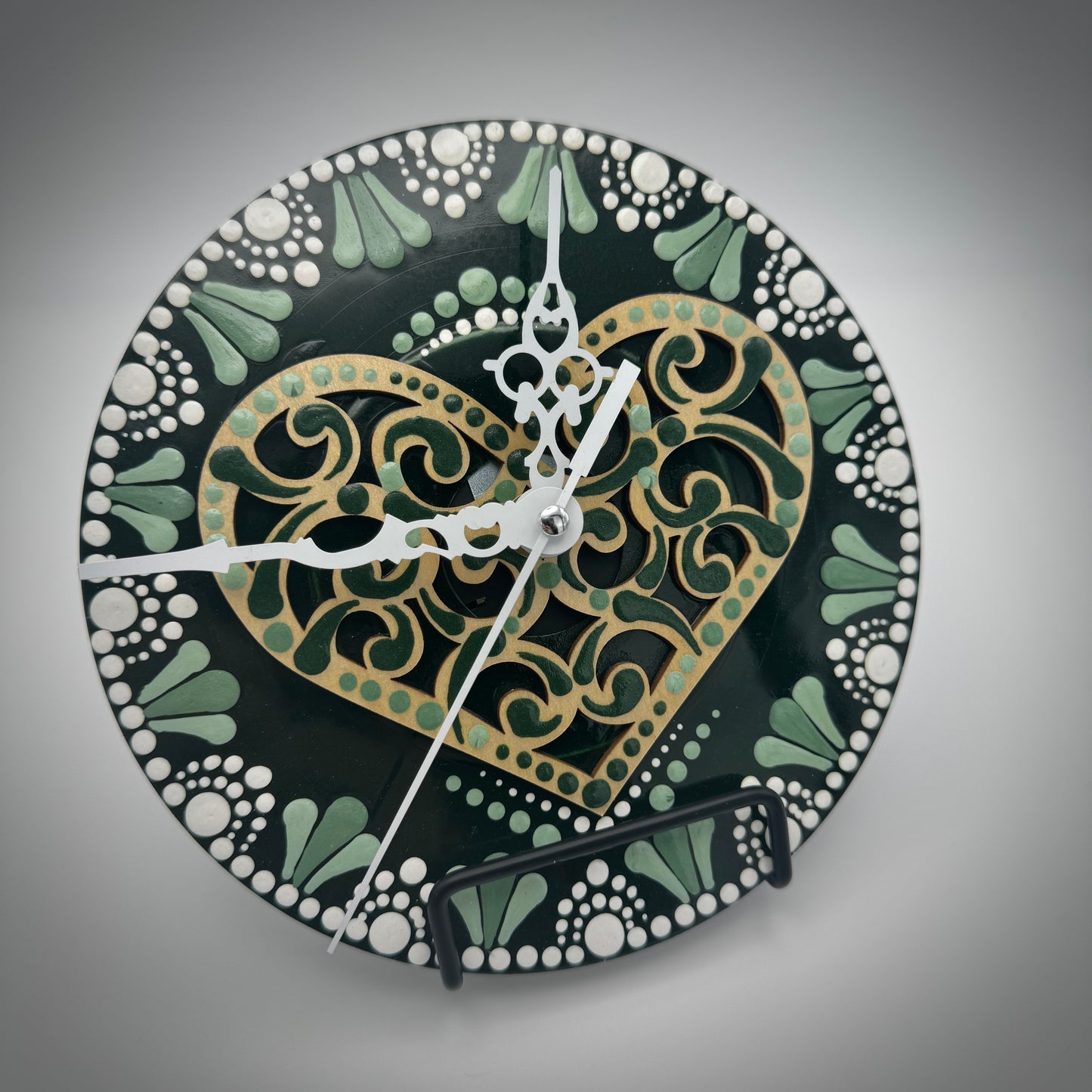 Art Clock on 45 Vinyl Record, Emerald Green with Heart Wood Inlay